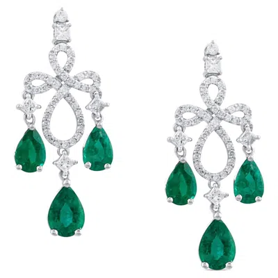 Pre-owned Tresor Collection Emerald Pear Shape And Diamond Earring In 18k White Gold