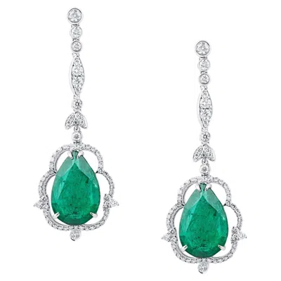 Pre-owned Tresor Collection Emerald Pear Shape And Diamond Marquise & Round Dangle Earring In 18k White Gold