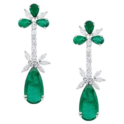 Pre-owned Tresor Collection Emerald Pear Shape And Diamond Marquise & Round Dangle Earring In 18k White Gold