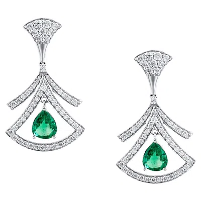 Pre-owned Tresor Collection Emerald Pear Shape And Diamond Round Earring In 18k White Gold