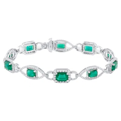 Pre-owned Tresor Collection Emerald Rectangle And Diamond Bracelet In 18k White Gold
