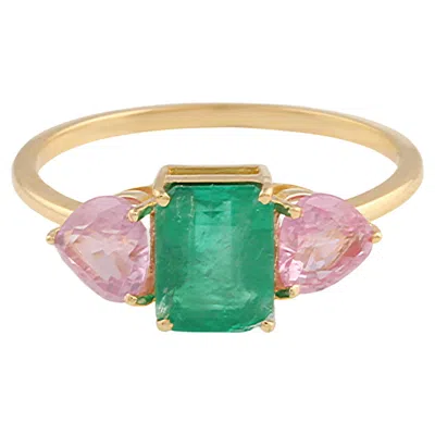 Pre-owned Tresor Collection Emerald Rectangle & Pink Sapphire Heart Shape Ring In 18k Yellow Gold