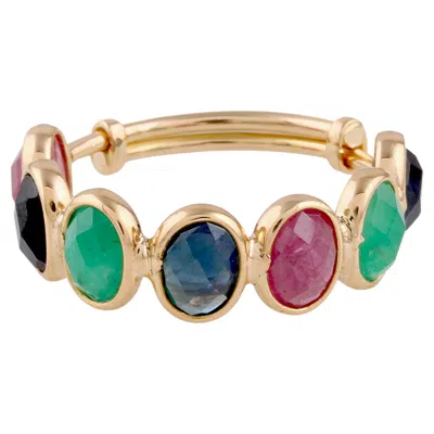 Pre-owned Tresor Collection Emerald, Ruby & Blue Sapphire Oval Ring In 18k Yellow Gold