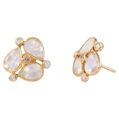 Pre-owned Tresor Collection Rainbow Moonstone Pear Shape & Diamond Earring In 18k Yellow Gold