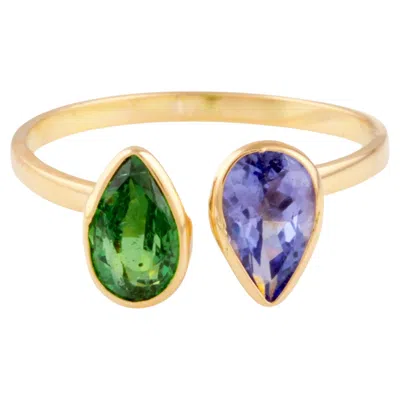 Pre-owned Tresor Collection Tanzanite & Emerald Pear Shape Ring In 18k Yellow Gold