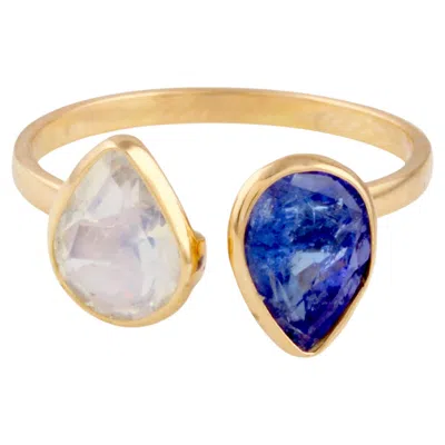 Pre-owned Tresor Collection Tanzanite & Rainbow Moonstone Pear Shape Ring In 18k Yellow Gold