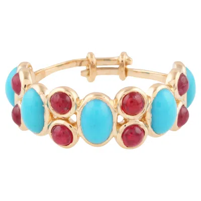 Pre-owned Tresor Collection Turquoise Oval & Ruby Round Ring In 18k Yellow Gold