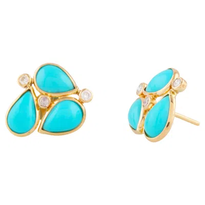 Pre-owned Tresor Collection Turquoise Pear Shape & Diamond Earring Stud In 18k Yellow Gold