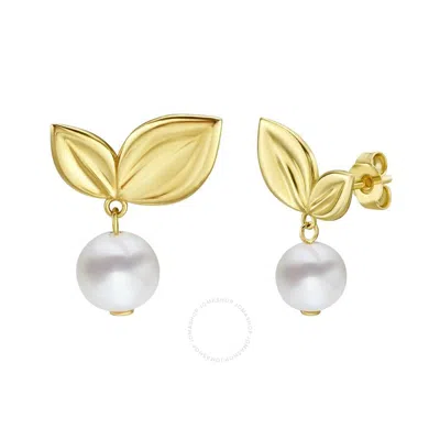 Tresorra 14k Yellow Gold Cherry Leaf & Pearl Drop Stud Earrings In Green