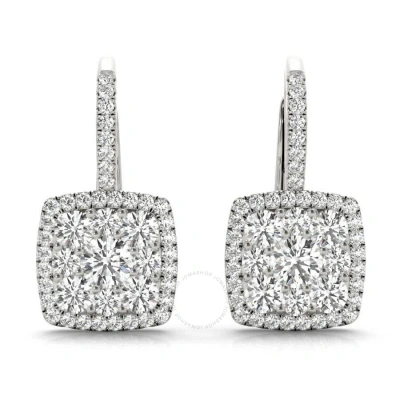 Tresorra 18k White Gold Cushion Halo Cluster Diamond Drop Earrings In Metallic