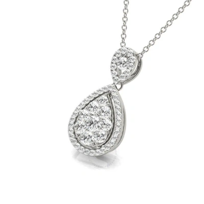 Tresorra 18k White Gold Double Pear Halo Cluster Diamond Pendant Necklace
