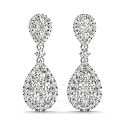 Tresorra 18k White Gold Double Pear Halo Diamond Cluster Drop Earrings In Metallic