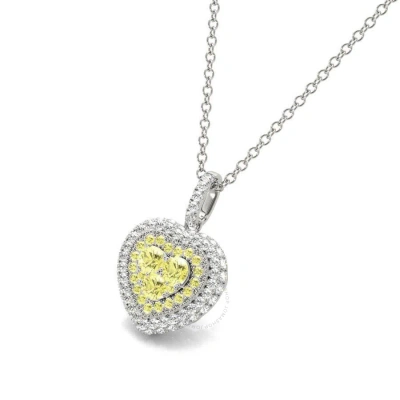 Tresorra 18k White Gold Fancy Yellow Heart Halo Cluster Diamond Pendant Necklace In Gray