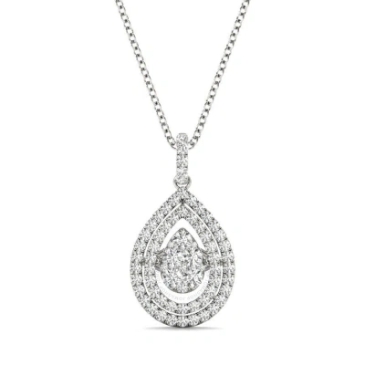 Tresorra 18k White Gold Float Pear Double Halo Cluster Diamond Pendant Necklace In Gray