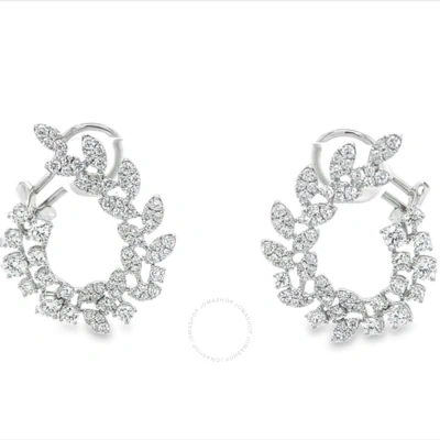 Tresorra 18k White Gold Leaf Open Circle Diamond Statement Hoop Earrings In Metallic