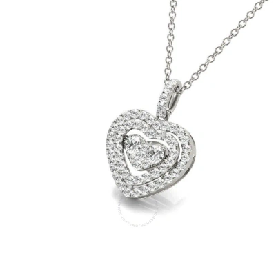 Tresorra 18k White Gold Mini Float Heart Double Halo Diamond Cluster Pendant Necklace