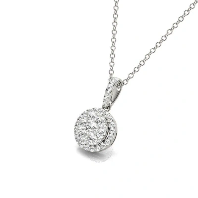 Tresorra 18k White Gold Mini Round Halo Cluster Diamond Pendant Necklace