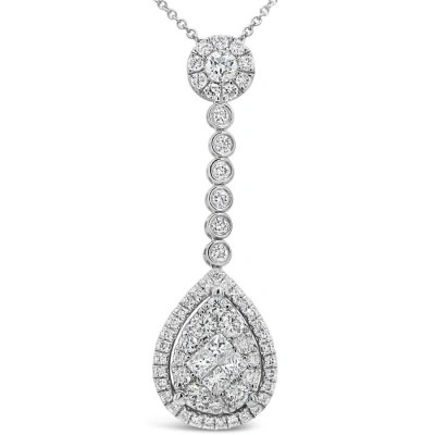 Tresorra 18k White Gold Pear Halo Cluster Diamond Pendant Drop Necklace