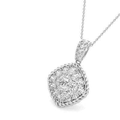 Tresorra 18k White Gold Round Bazel Halo Cluster Diamond Pendant Necklace