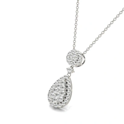 Tresorra 18k White Gold Round Pear Halo Cluster Diamond Pendant Necklace