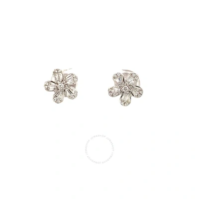 Tresorra 18k White Gold Tapered Baguette Flower Illusion Diamond Stud Earrings