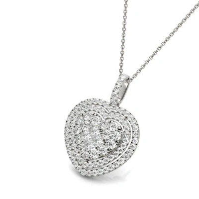 Tresorra 18k White Gold White Gold Double Heart Halo Heart Cluster Diamond Pendant Necklace In Gray