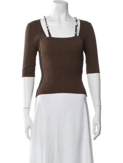 Pre-owned Tressé Square Neckline Three-quarter Sleeve Top In Brown