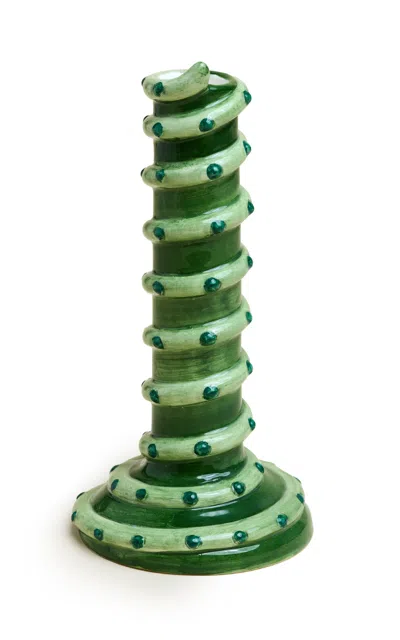 Tressé X Cafe Leandra; Hand Painted Candle Holder In Green