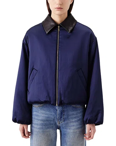 Tressé Tresse Zippered Leather Collar Bomber Jacket In Blue