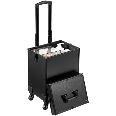 Tri 5 In 1 Professional Makeup Train Case Aluminum Cosmetic Case, Rolling Makeup Case Extra Large Trolle In Black