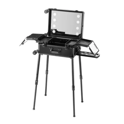Tri Makeup Train Case With Lock, Lighted Mirror, 4 Storage Trays, Brush Holder, Travel Cosmetic Organize In Black