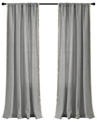 Triangle Home Boho Coastal Horizontal Ticking Stripe Tassel Window Curtain Panels Set In Black