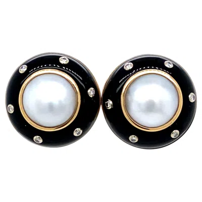 Pre-owned Trianon 14k Yellow Gold Mabe Pearl Onyx Diamond Earrings, 1980s