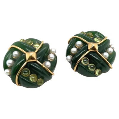 Pre-owned Trianon 18 Karat Gold Jade Peridot And Pearl Earrings In Green
