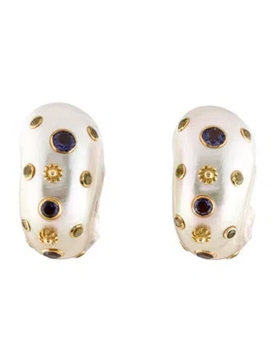 Pre-owned Trianon 18k Mother Of Pearl Shell, Iolite & Peridot Clip-on Earrings In Multi
