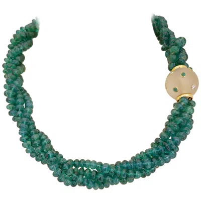 Pre-owned Trianon 3.83 Carat Four Strand Natural Emerald Bead Necklace With Frosted Crystal Clasp In Green