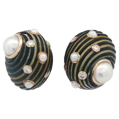 Pre-owned Trianon Enamel, Pearl, & Diamond Shell Earrings 18k Yellow Gold