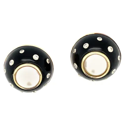 Pre-owned Trianon Pearl Diamond Black Enamel Clip On Earrings