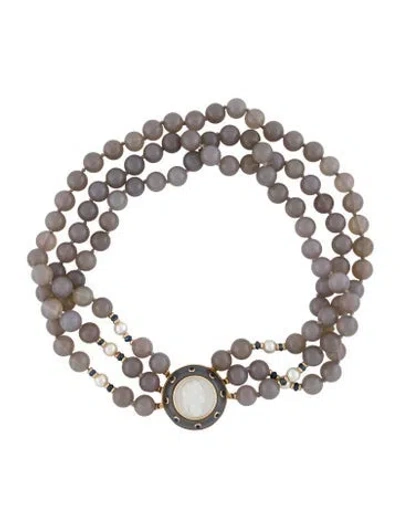 Pre-owned Trianon Pearl, Mother Of Pearl, Chalcedony, & Sapphire Convertible Pin Brooch Multistrand In White