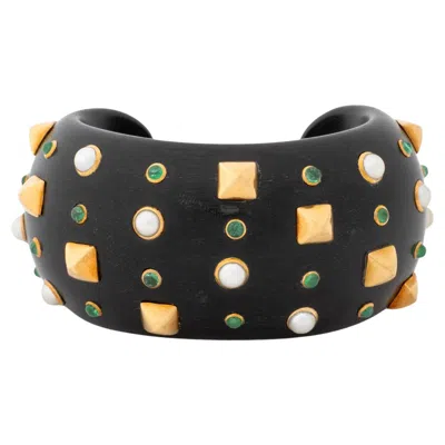 Pre-owned Trianon Seaman Schepps 18k Gold Emerald & Cultured Pearl Cuff Bracelet In Green