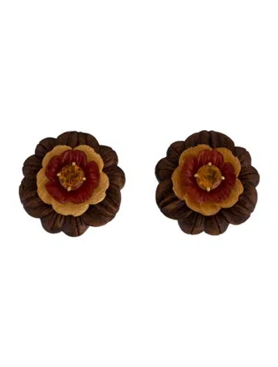 Pre-owned Trianon X Bettina Gabetti Vintage Citrine & Carnelian Flower Brooch & Earring Set In Brown/orange