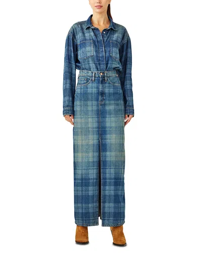 Triarchy Charlotte Oversized Denim Shirt In Tartan Medium Indigo In Blue