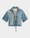 Triarchy Lottie Cropped Tie-front Denim Shirt In Malibu Vintage Indigo