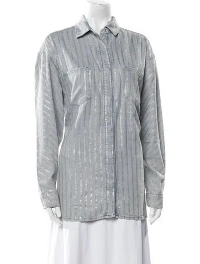 Pre-owned Triarchy Printed Long Sleeve Button-up Top In Blue
