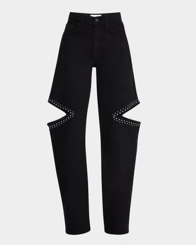 Triarchy Stoned Aubrey Mid-rise Cut-out Straight Jeans In Crystallized Onyx Black