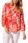 Tribal 3/4 Sleeve Blouse With Smocked Yoke In Coral Sky In Multi