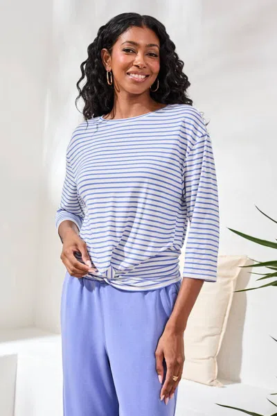 Tribal Codi Three Quarter Sleeve Boat Neck Knit Top In Deep Sea In Multi