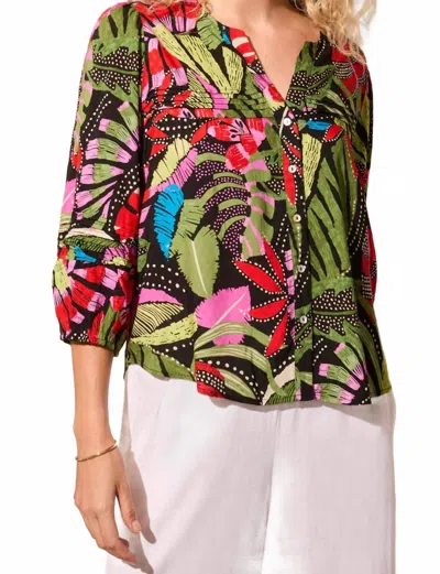 Tribal 3/4 Sleeve Button Front Blouse In Loden Green & Pink In Multi