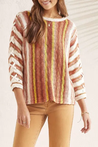 Tribal 3/4 Sleeve Lace Up Boat Neck Sweater In Brandy Multi