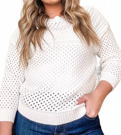 Tribal 3/4 Sleeve Open Stitch Sweater In White